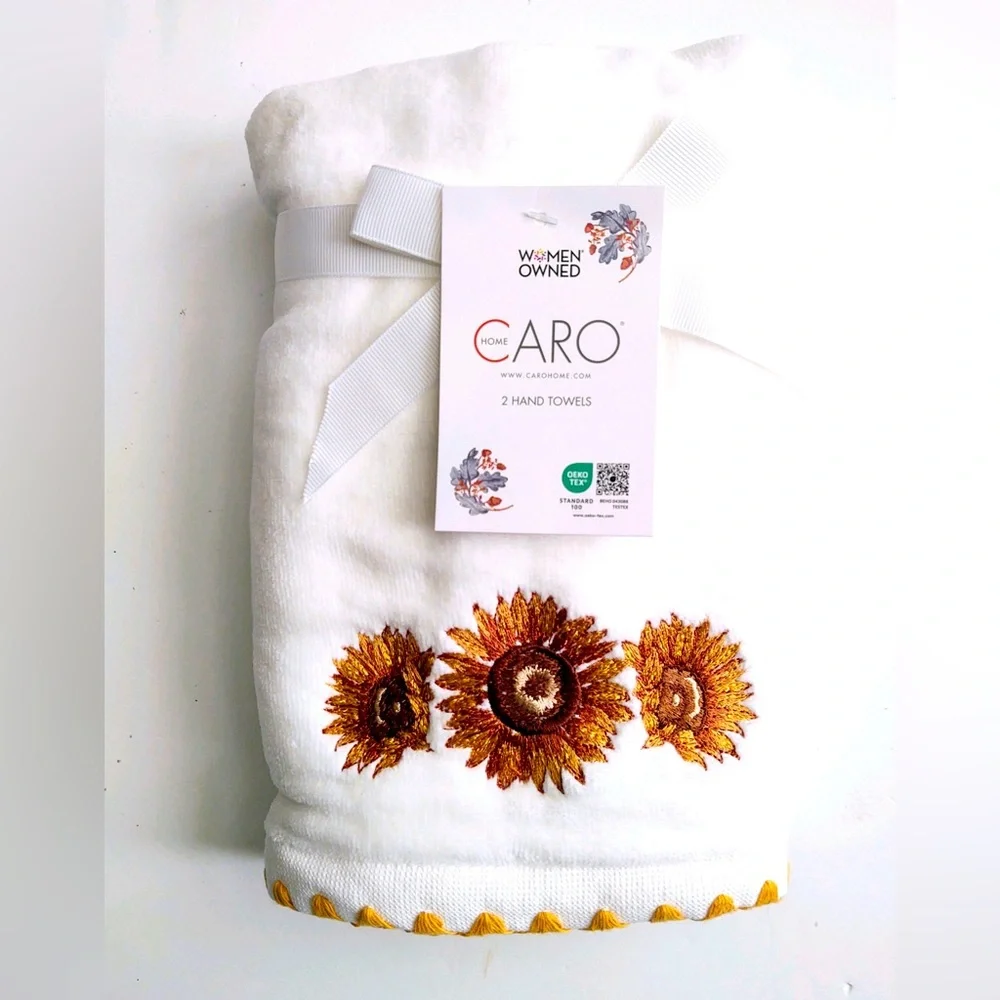2pc CARO HOME 100% Cotton Hand Bath Towel Set With Sunflower - White
